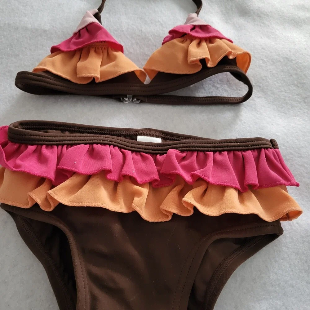Baby Gap Swimsuit 6-12 Months Girls Bikini‎ Brown Pink Orange 2 pc Set Ruffle